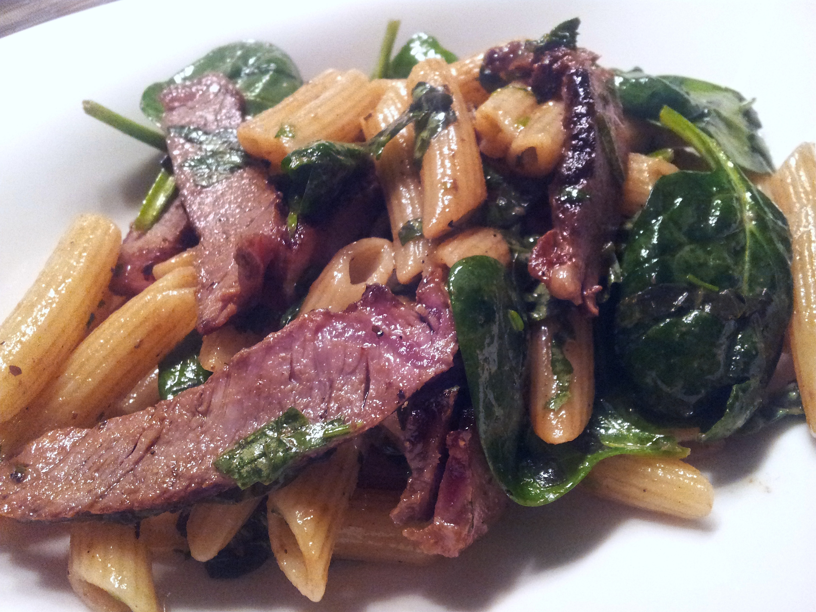 penne with steak and spinach